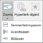 Visar olika typer av zoomning som kan väljas när du går till Infoga > zoom: Sammanfattningszoom, Bildzoom och Avsnittszoom.