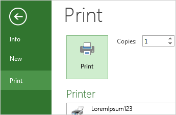 Knappen Skriv ut och utskriftsalternativ i Backstage-vyn