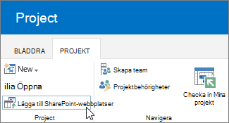 Lägga till knappen SharePoint-webbplatser i menyfliksområdet i Projektcenter