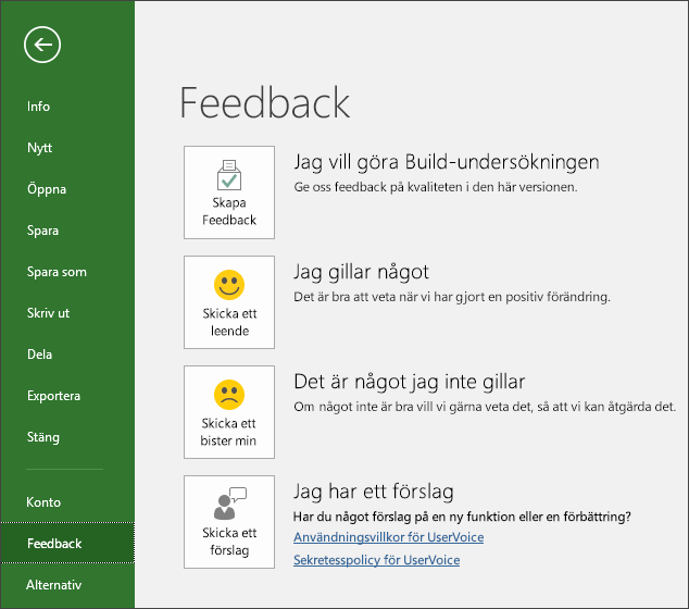 Klicka på Lämna > feedback om du vill kommentera eller ge förslag som rör Microsoft Project