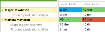 Två resursrader med heatmap-färgläggning