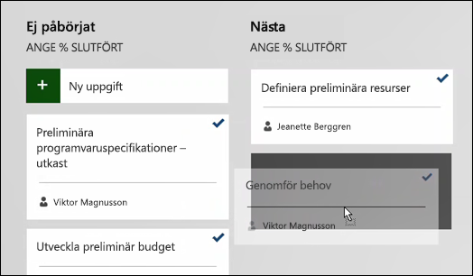 Flytta en uppgift på anslagstavlan Aktuella sprints.