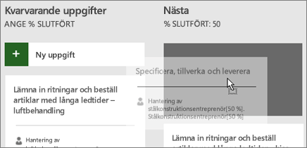 Skärmbild som visar flytt av uppgift från en kolumn i Uppgiftstavlan till en annan.