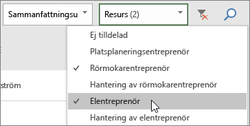 Skärmbild av den nedrullningsbara menyn Filtrera resurser på Uppgiftstavlan, med två resurser markerade