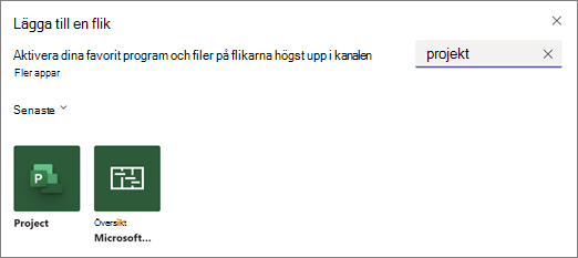 Skärmbild som visar dialogrutan Lägg till en flik och sökresultat för termen projekt