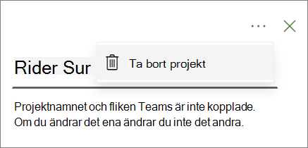 Skärmbild som visar kommandot Ta bort projekt i listrutan från ellipsen på fliken Projektteam.