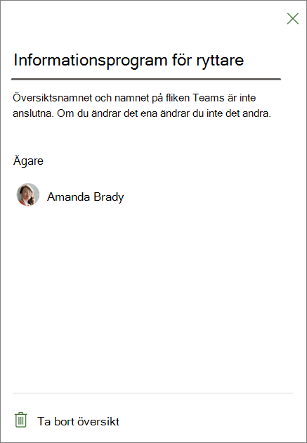 Skärmbild som visar inställningarna för fliken Översikt, med Ta bort översikt längst ned
