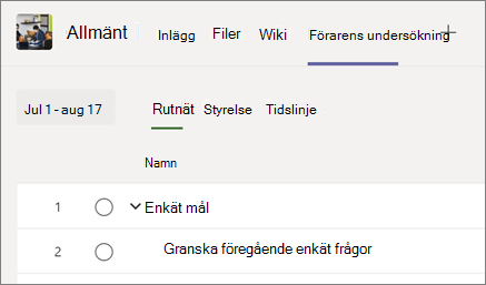 Skärmbild som visar fliken Projekt tillsammans med andra Teams-kanalflikar