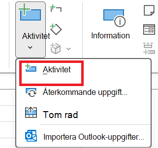 Bild av knappen Aktivitet i gruppen Infoga på fliken Aktivitet.