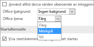 Rullgardinsmeny för Office-teman med alternativen färgat, mörkgrått och vitt