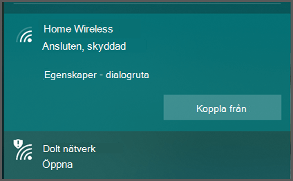 En skärmbild av användargränssnittet för trådlösa inställningar i Windows.