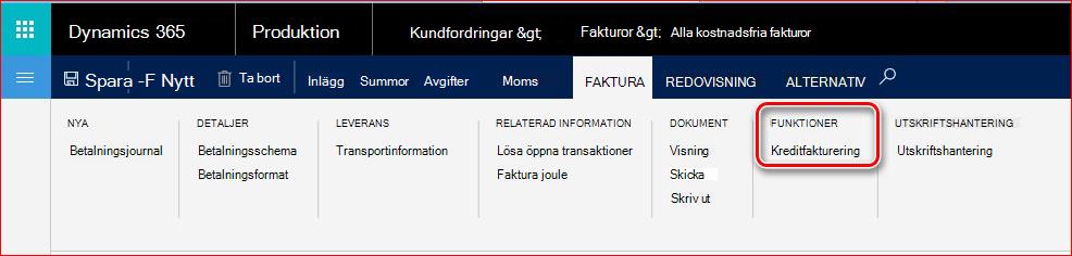 Den här bilden visar hur du hittar funktionen Kreditfakturering.