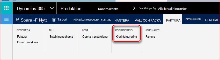 Den här bilden visar hur du hittar funktionen Kreditfakturering.