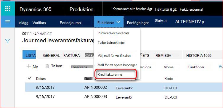 Den här bilden visar hur du hittar funktionen Kreditfakturering.