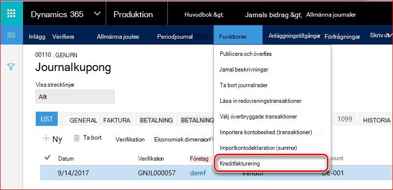 Den här bilden visar hur du hittar funktionen Kreditfakturering.