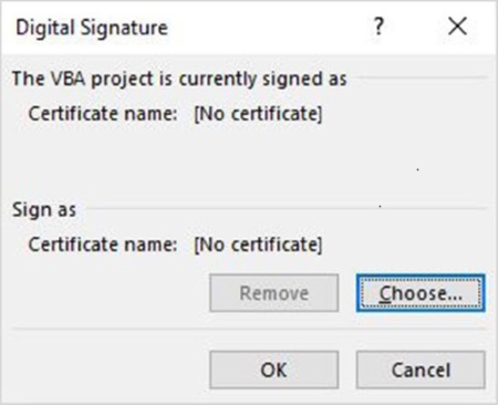 Skärmbild av alternativet att välja ett certifikat för VBA-projektet.