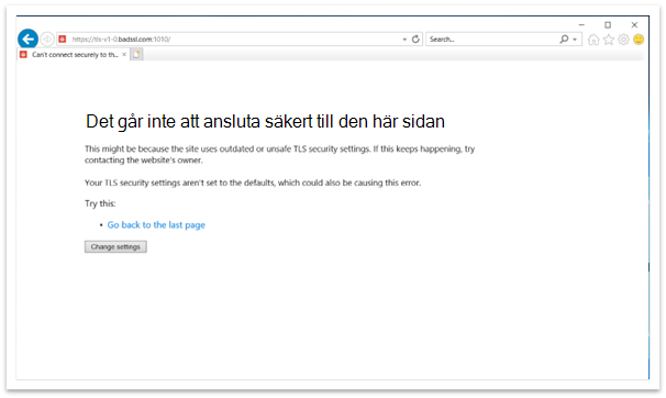 Fönstret Internet Explorer vid åtkomst till länken TLS 1.0 och 1.1