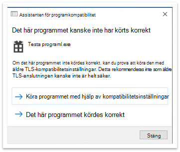 Popup-fönster för assistenten för programkompatibilitet när programmet har stängts