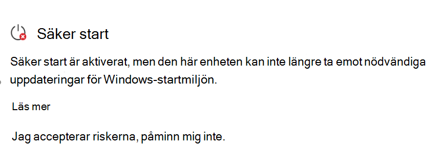 Avsnittet Säker start som visar status för åtgärd krävs med en röd stoppikon.