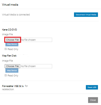 En skärmbild av fönstret Virtual Media med knappen Välj fil markerad.