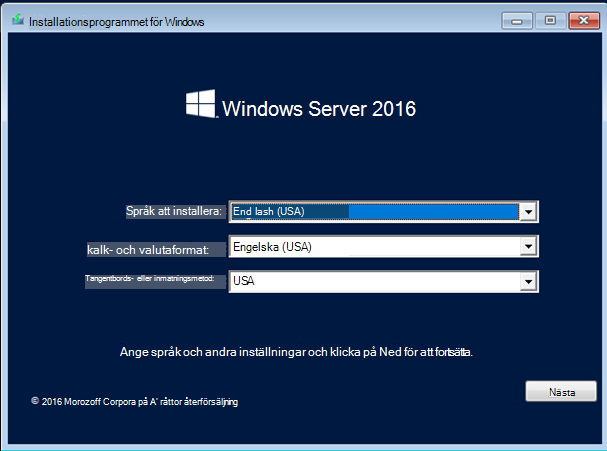 En skärmbild av installationsprogrammet för Windows för Windows Server 2016.