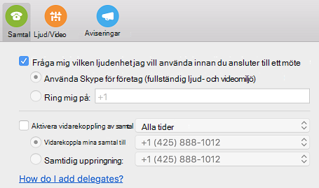 Hur gör jag för att lägga till ombud? hjälplänk på sidan Samtal i dialogrutan Inställningar