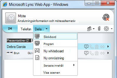 Dela-menyn i Lync Web App