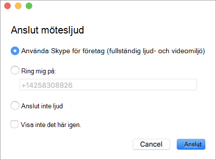 Exempel på dialogrutan Anslut mötesljud