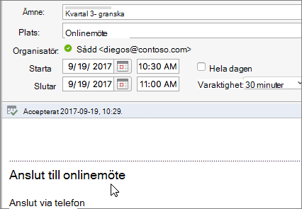 Skärmbild av en mötesdialogruta som visar länken Anslut till onlinemöte.