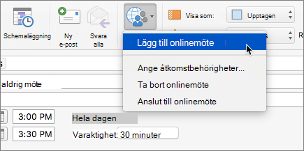 Skärmbild av mötesinbjudan med Lägg till onlinemöte markerat i menyfliksområdet.