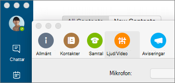 Skärmbild av inställningsskärmen för Skype för företag med fönstret Ljud/Video markerat.