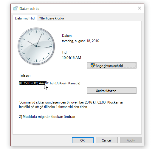En skärmbild som visar menyn Datum och tid i Windows 10.