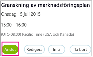 Mötesinformation med knappen Anslut markerad