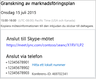 Skärmbildsexempel med mötesinformation
