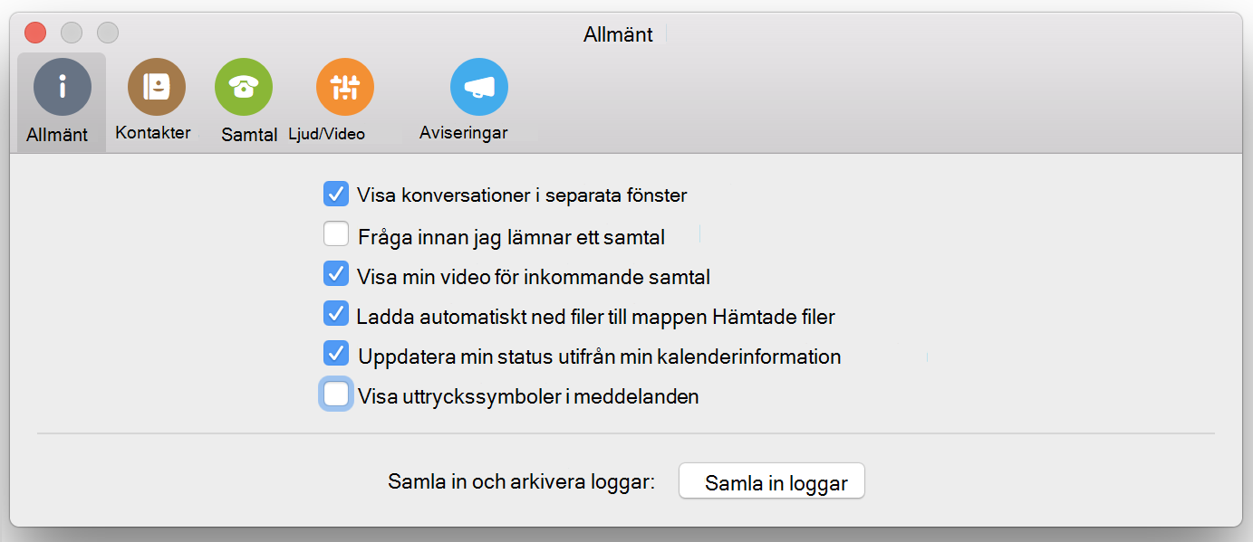 Kryssrutan Visa uttryckssymboler i meddelanden på sidan Allmänt i Inställningar