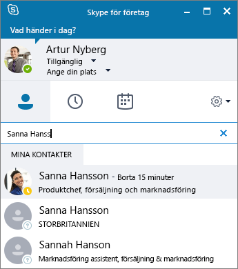 Skärmbild av fönstret Skype för företag vid sökning efter en kontakt att lägga till.
