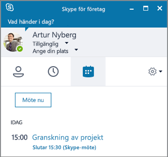 Skärmbild av fliken Möten i Skype för företag-fönstret.