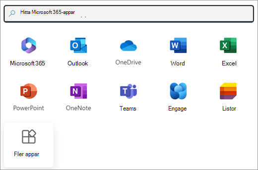 Ett urval av Microsoft 365-appar. Den sista panelen är Fler appar.