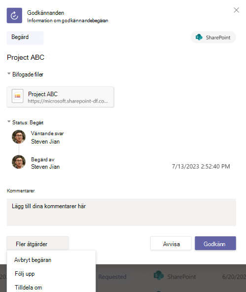 Skärmbild av information om godkännandebegäran i appen.