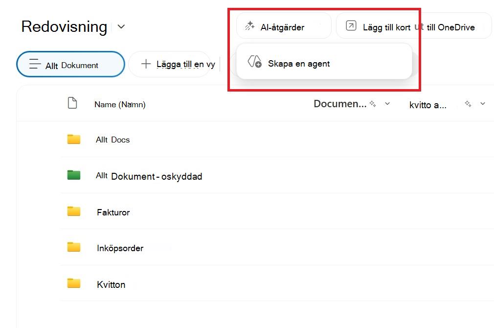Skärmbild som visar knappen för att skapa en agent från ett SharePoint-dokumentbibliotek.