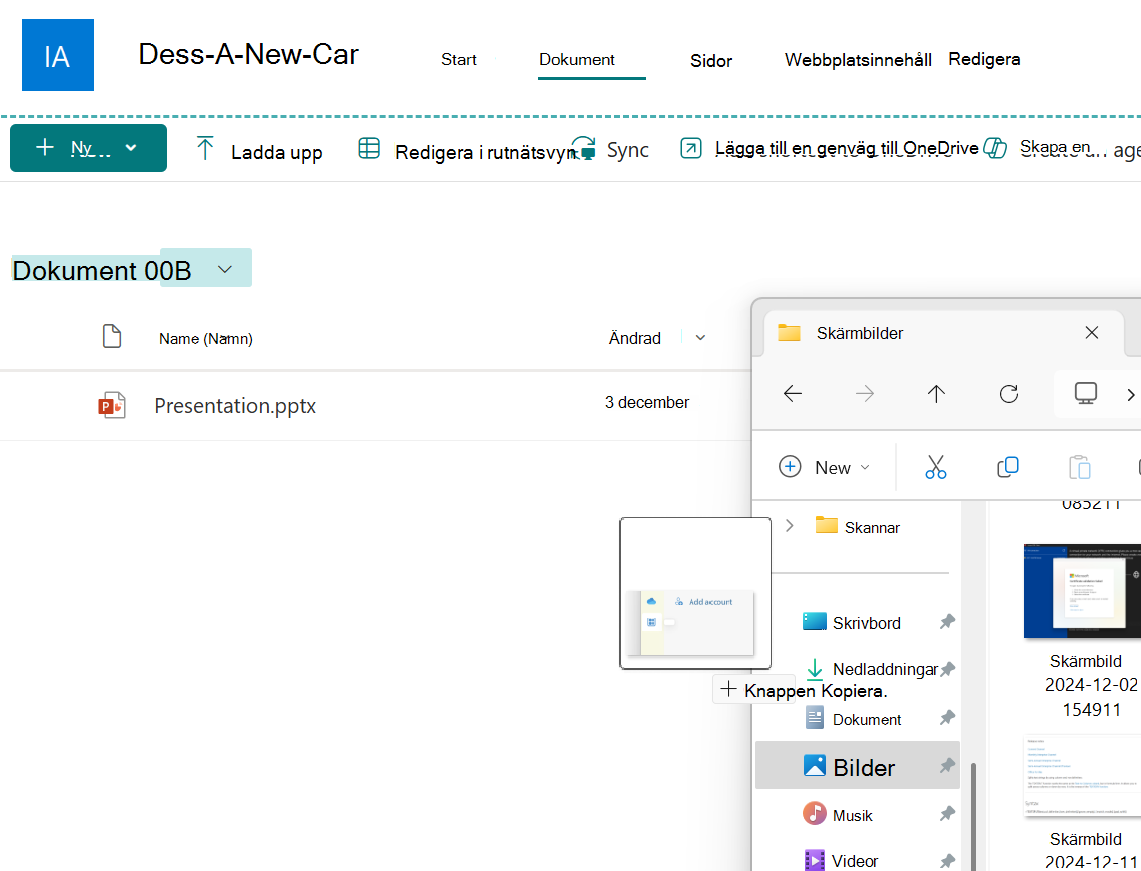 En bildfil som dras från ett Explorer-fönster till ett SharePoint-dokumentbibliotek