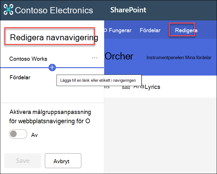 skärmbild av navigering i redigeringshubben