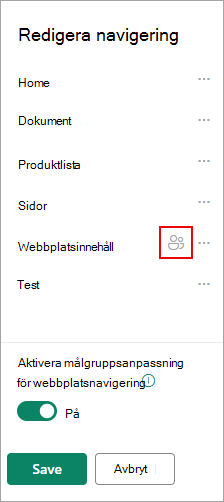 Under Redigera navigering visas en ikon som bekräftar dina riktade länkar.