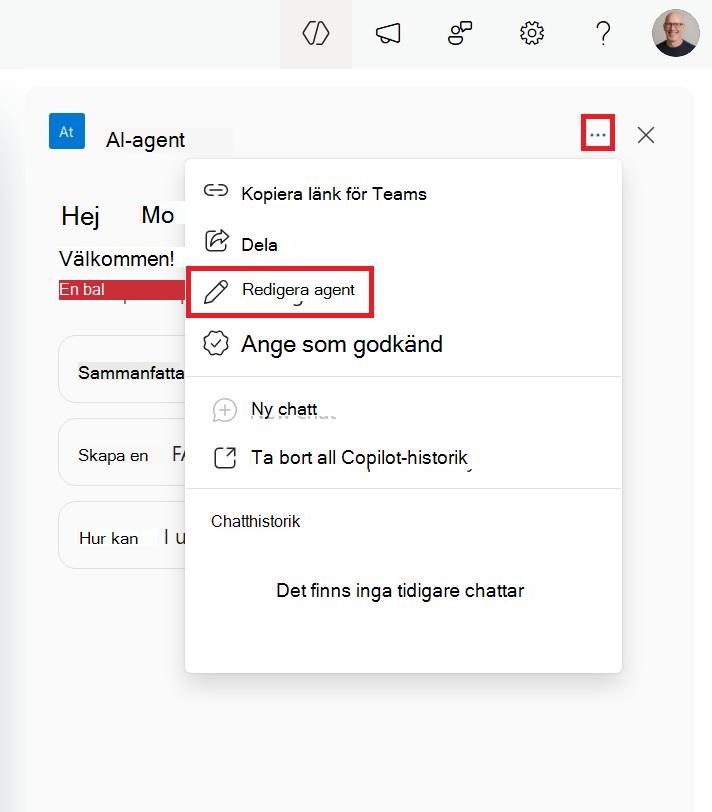 Skärmbild av menyn för att redigera en SharePoint-agent från sidovagnen