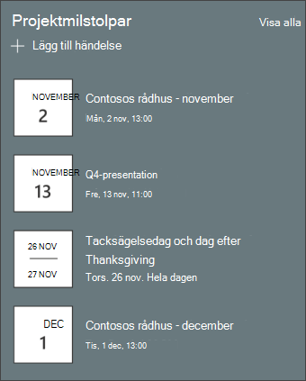 Skärmbild av webbdelen Händelser