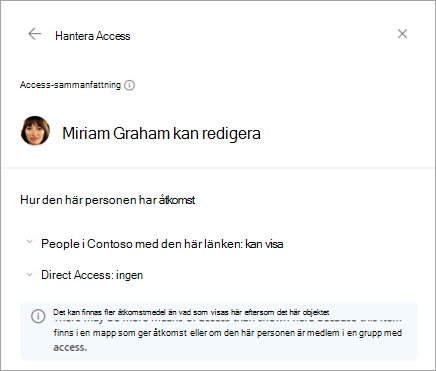 Sammanfattningsdialogrutan i Access med filbehörighetsinformation för en person.