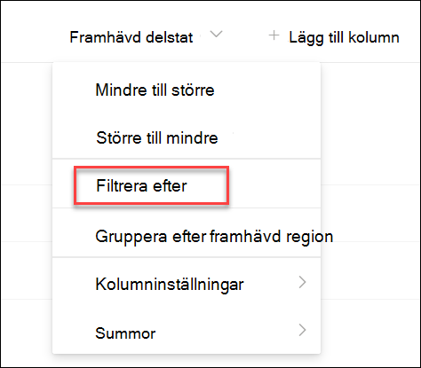 skärmbild av Filtrera efter framhävt tillstånd