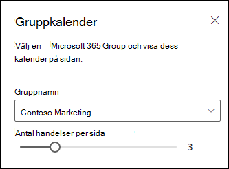 Välja hur många händelser som ska visas i den valda Microsoft 365-gruppkalendern.