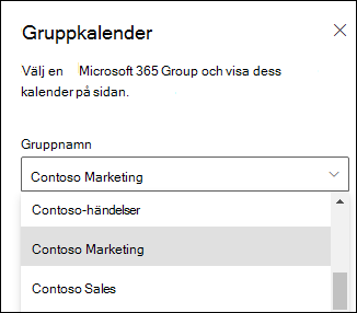 Välja en Microsoft 365-grupp i egenskapsfönstret.