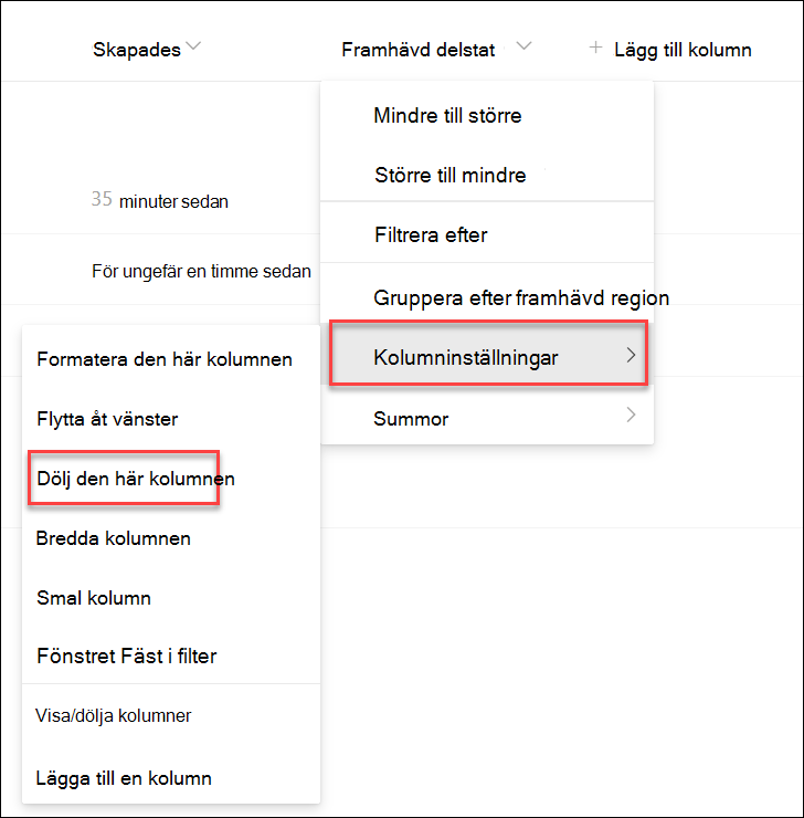 skärmbild av att dölja en kolumn